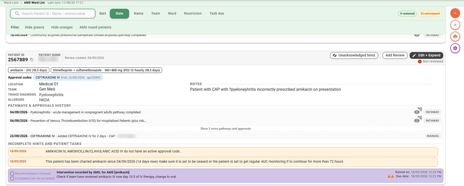 AMS ward list entry showing a patient's antimicrobials, pathways completed, unacknowledged hints and an intervention