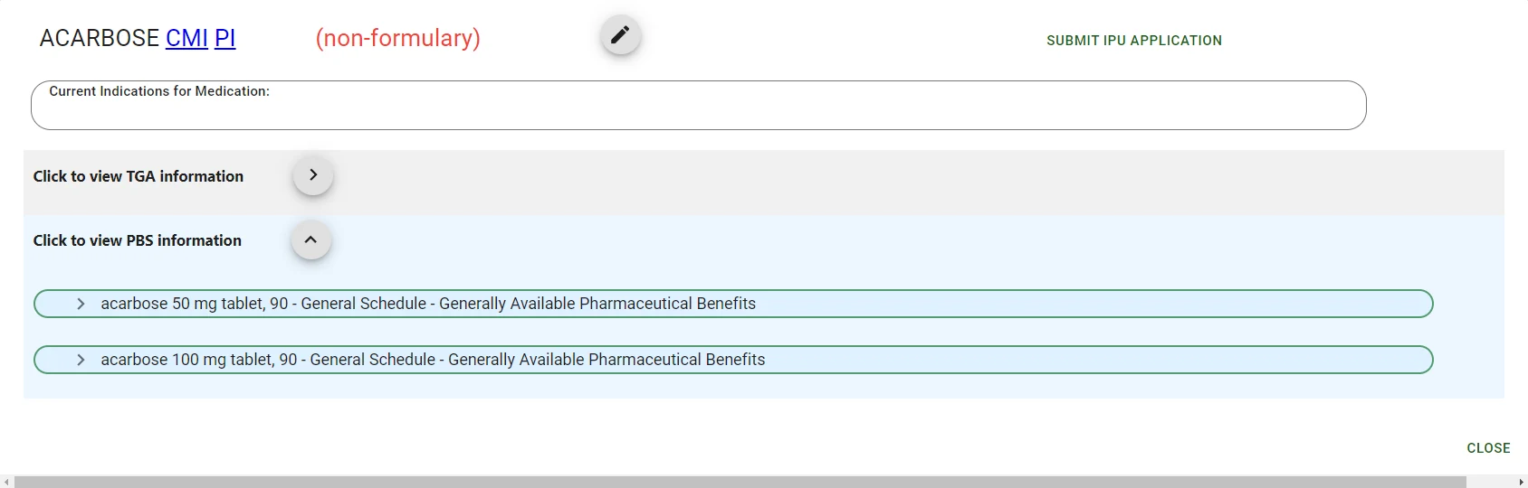 Formulary entry for a non-formulary medicine with TGA and PBS information and a submit IPU application button