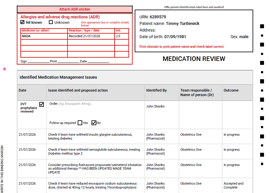 Printed medication review with DVT prophylaxis reviewed and issues identified, with the team responsible and outcome
