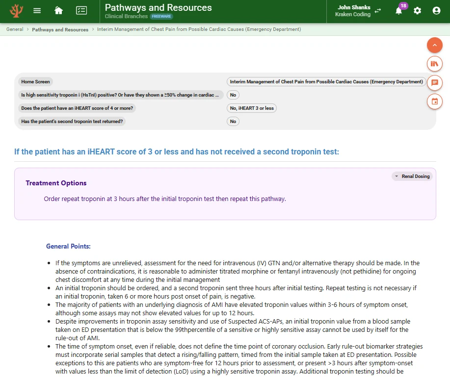 Emergency department chest pain pathway with troponin and iHEART score answers in the breadcrumb, recommending a repeat troponin at three hours