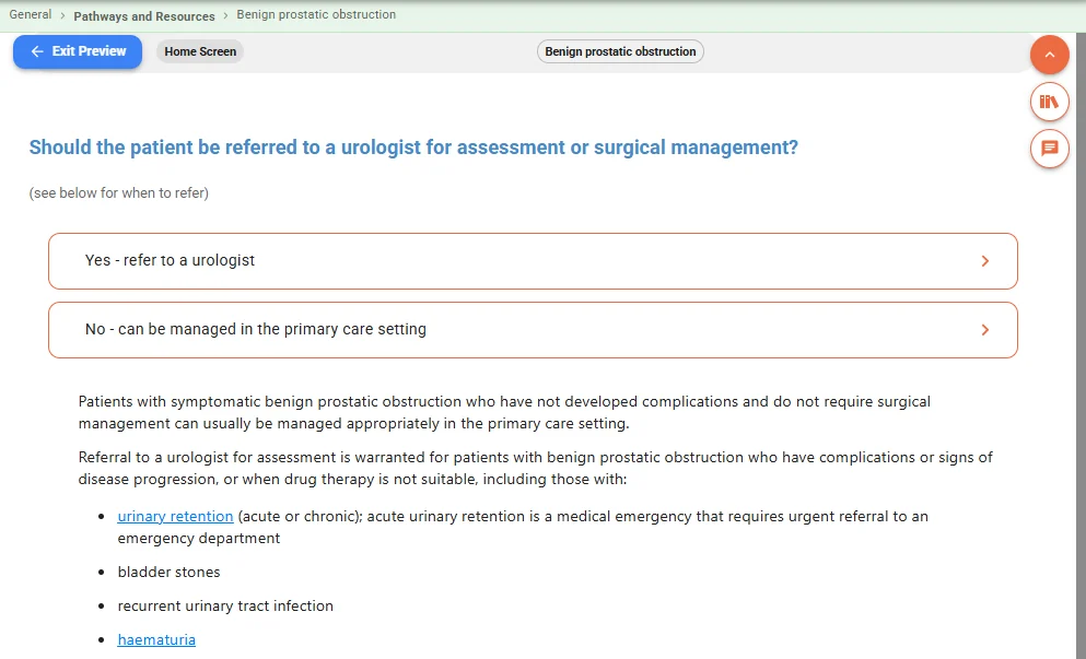 Current pathway page asking whether the patient should be referred to a urologist, with guidance on when to refer