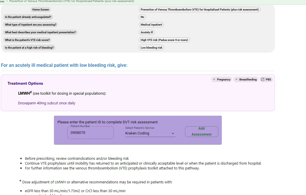 VTE prevention pathway for an acutely ill medical inpatient with a Padua score of 4 or more and low bleeding risk, recommending enoxaparin 40 mg daily, with a field to enter the patient ID and complete the VTE risk assessment