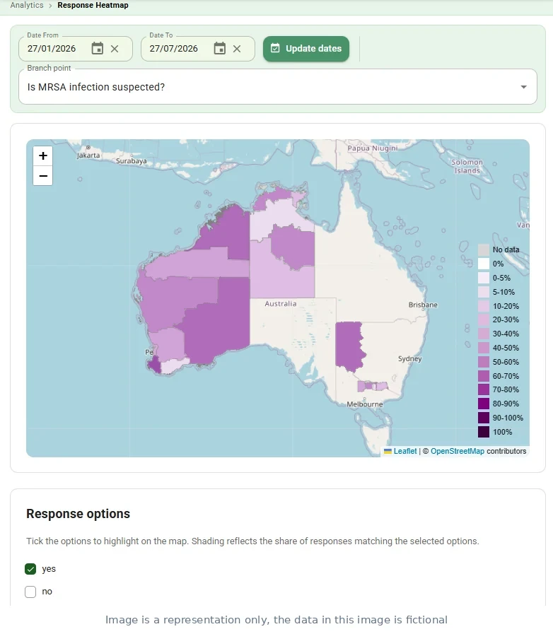 Response heat map showing how often MRSA infection is suspected in each region