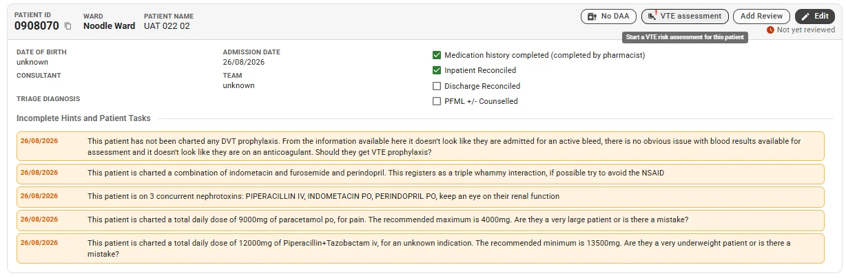 Pharmacy ward list entry with a VTE assessment button and a hint that no DVT prophylaxis is charted